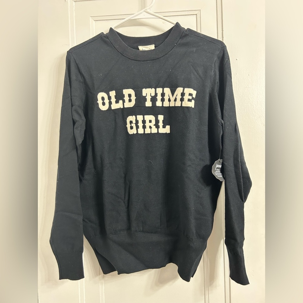 NWT Joanie “Old Time Girl” black crewneck sweater Embroidered logo